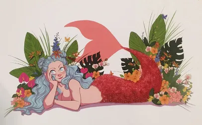 Artwork of mermaid surrounded by flowers